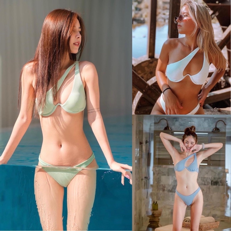 Sexy One Shoulder Bikini Women Ribbed Swimsuit Shopee Philippines
