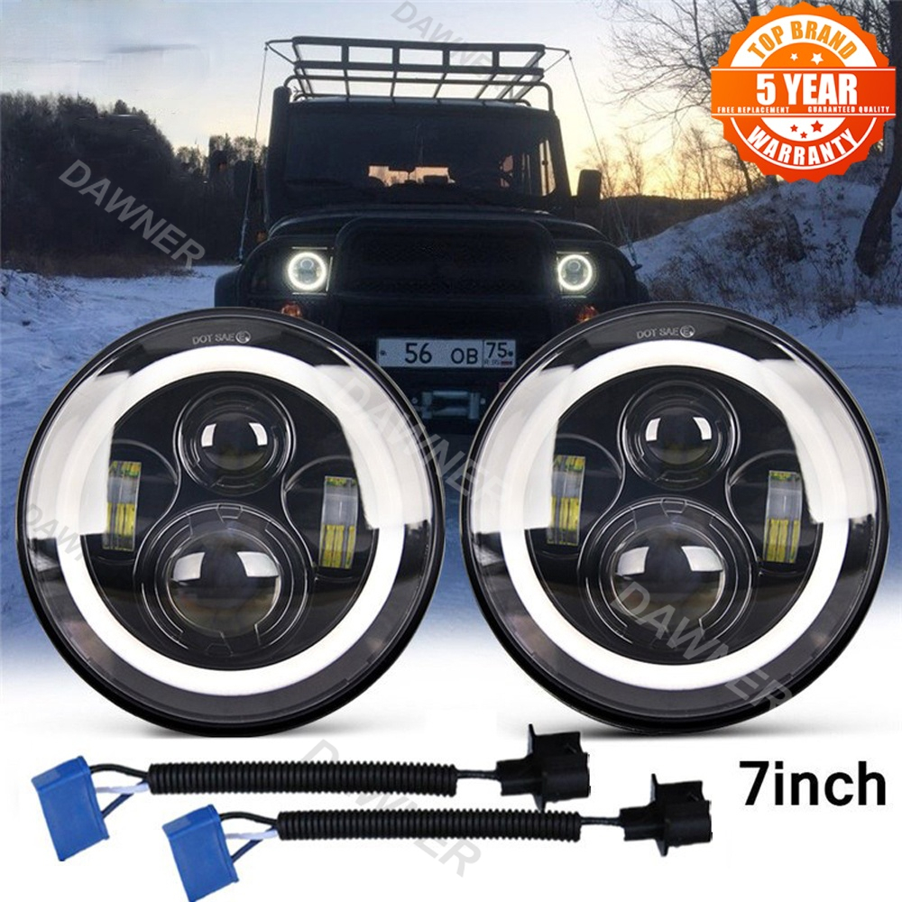 Inch Led Headlights Drl Hi Lo Beam W W Halo Ring Amber Angel Eye