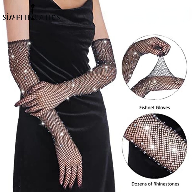 Fashion Sexy Hollow Shining Rhinestones Fishnet Long Gloves Elastic