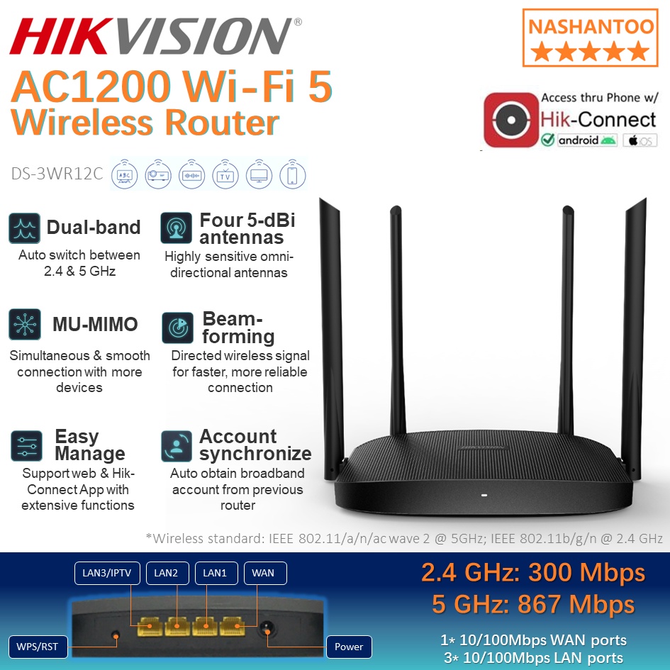 Hikvision DS 3WR12C AC1200 Dual Band 1200Mbps Wi Fi Wireless MU MIMO