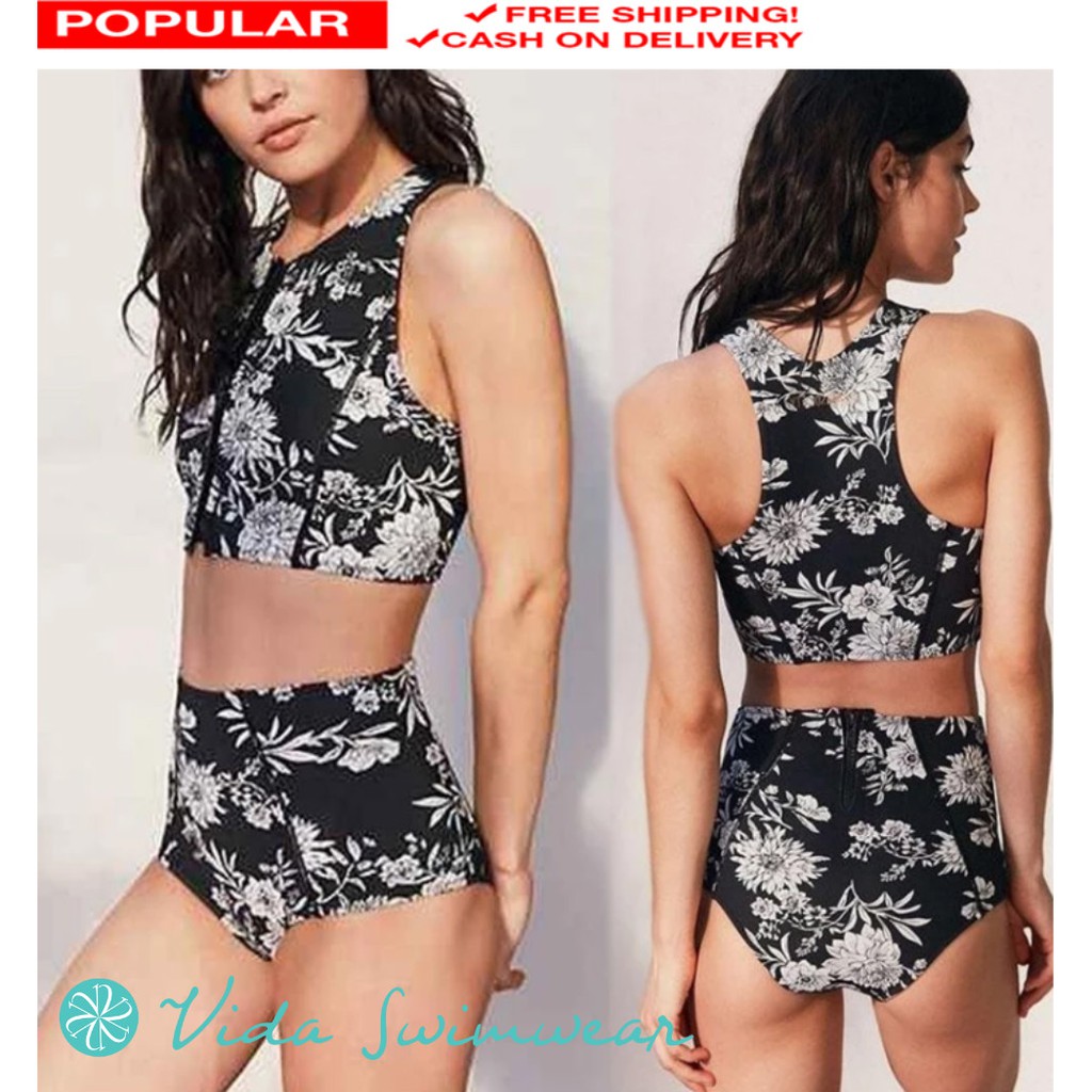 Vida Floral High Waist Two Piece Zip Up Bikini Swimwear Shopee