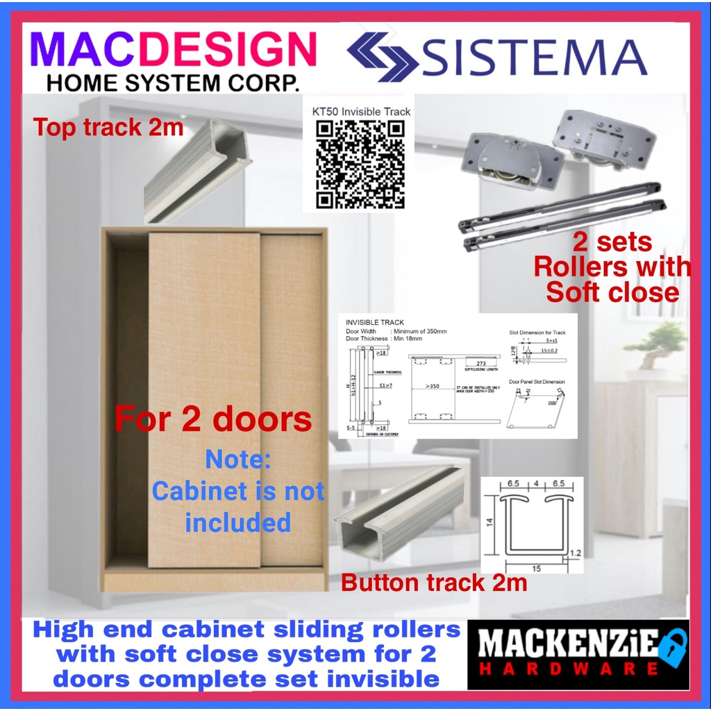 SISTEMA KT50 CABINET SLIDING FOR 2 PANEL DOOR ROLLER WITH SOFT CLOSE