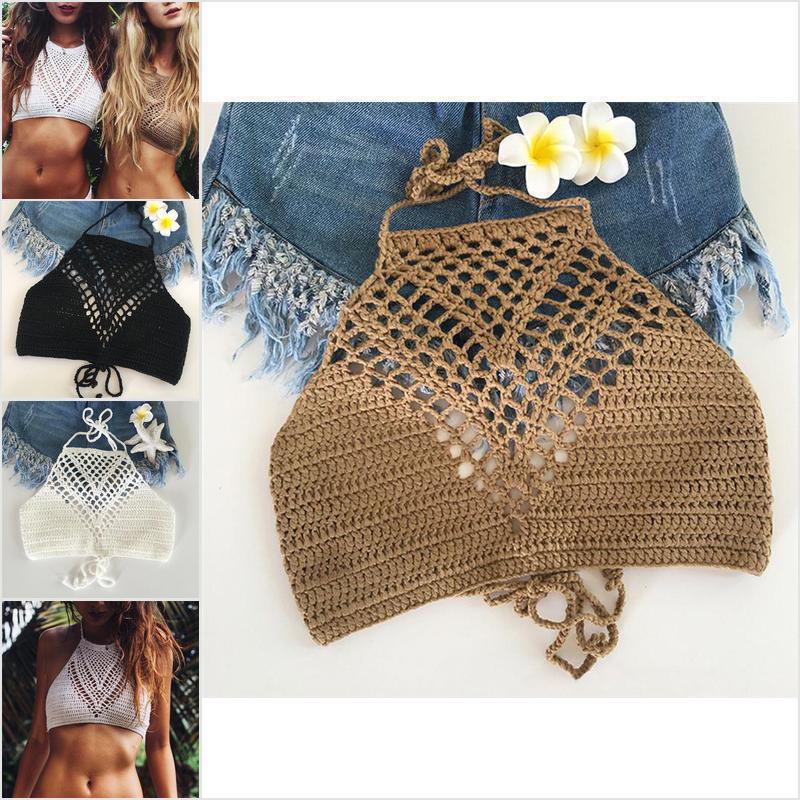 FAPH Women Crochet Lace Handmade Knit Bra Beach Bikini Halter Cami Tank