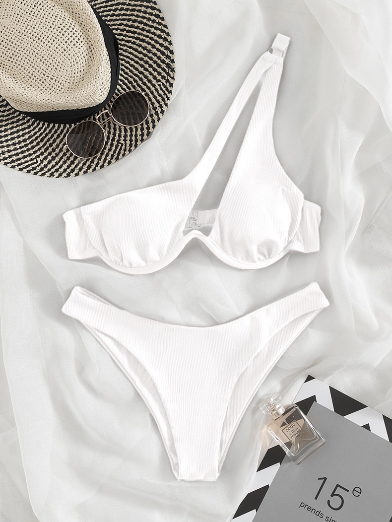 Sexy One Shoulder Bikini Women Ribbed Swimsuit Shopee Philippines