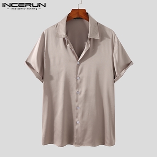 Incerun Men Fashion Silk Satin Soft Short Sleeves Lapel Button Up