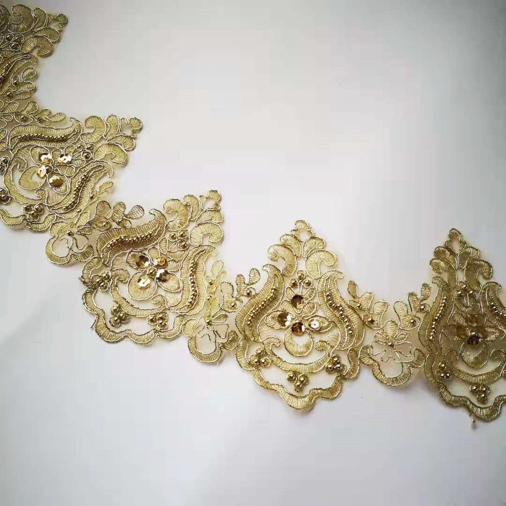 1 Meter Price 12cm Wide Gold Beaded Sequins Edge Polyester Embroidery