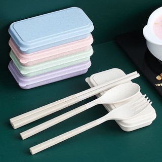 SJW 3pcs Set Reusable Folding Wheat Straw Chopstick Spoon Fork Cutlery