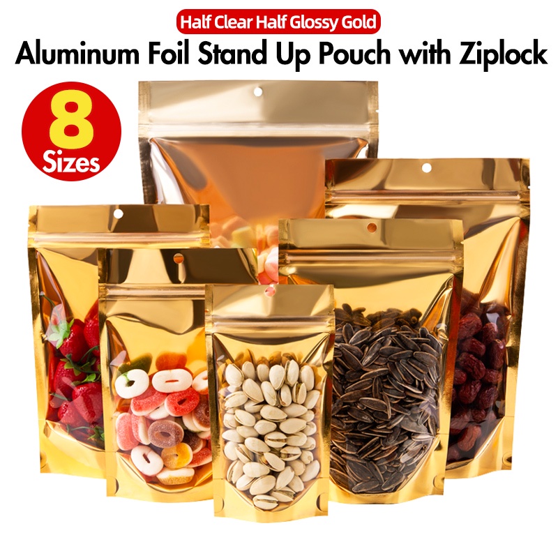 100pcs Half Gold Aluminum Half Clear Stand Up Pouch Packaging