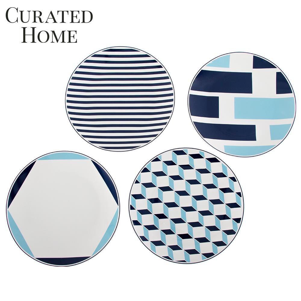 Curated Home Angled View Moderne 4pc Dinner Plate Set Blue And White