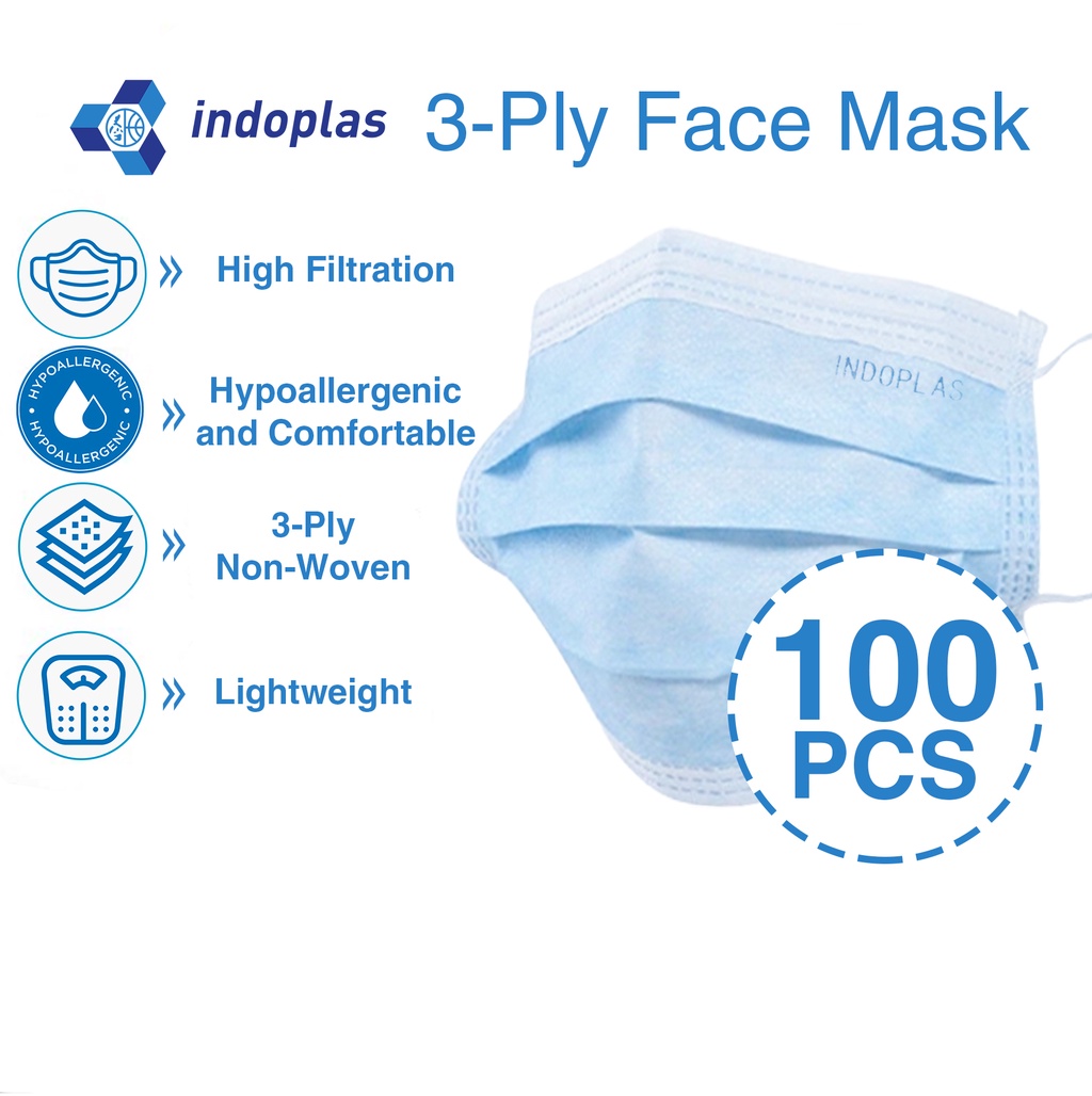 Indoplas Disposable Face Mask 3 Ply With Earloop 2 Boxes 100 Pcs