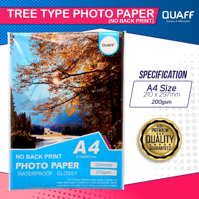 200gsm No Back Print Glossy Photo Paper A4 Size QUAFF Brand 20sheets