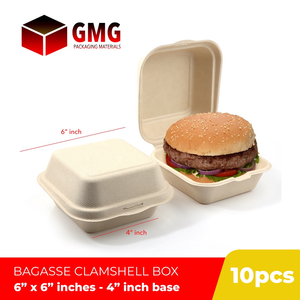 Gmg Biodegradable Sugarcane Bagasse Clamshell Burger Bento Box X