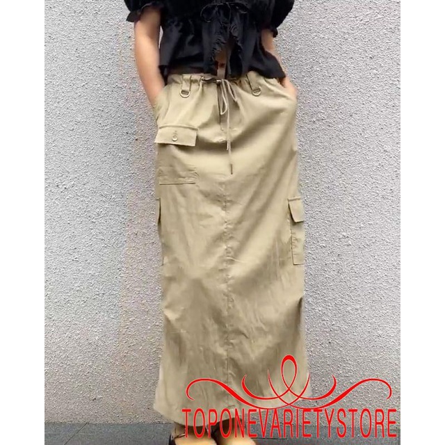 Topone Womens Long Cargo Skirt Solid Color Waist Drawstring Multi