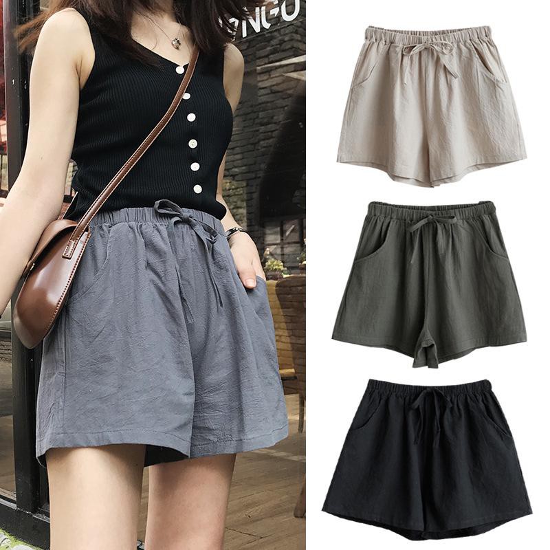 Women Cotton And Linen High Waist Plus Size Beach Shorts Boho Summer