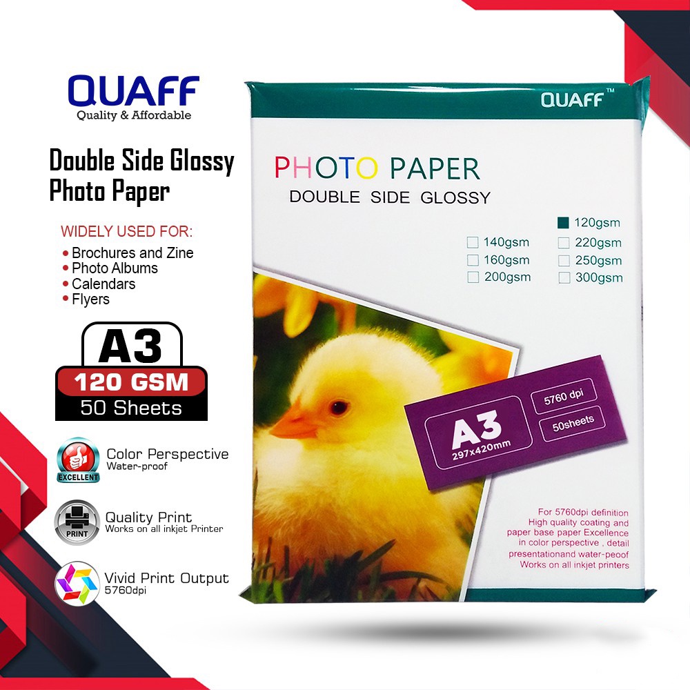 120 300GSM A3 A4 SIZE QUAFF DOUBLE SIDED GLOSSY PHOTO PAPER 50 SHEETS