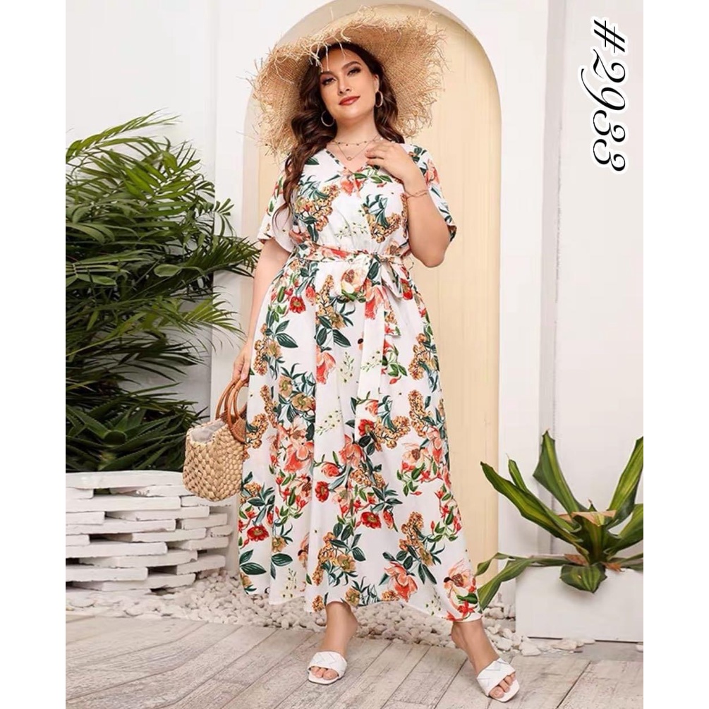 Plus Size Casual V Neck Style Retro High Waist Floral Print Maxi Dress