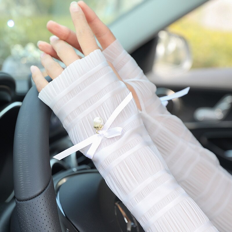 Women Fashion Bow Pearl Thin Long Gloves Summer Driving Cycling Sexy