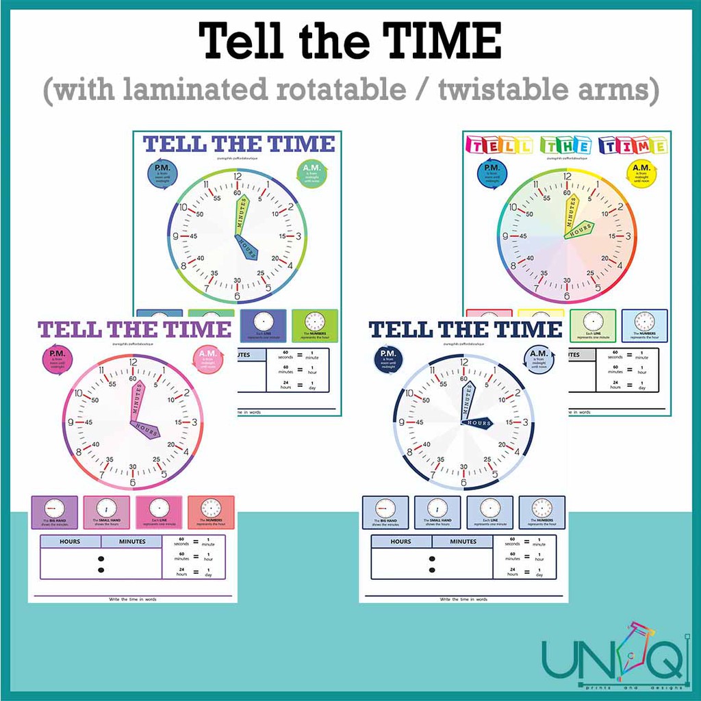 UNIQ Rotatable Twistable Arm Clock Telling Time Laminated Educational