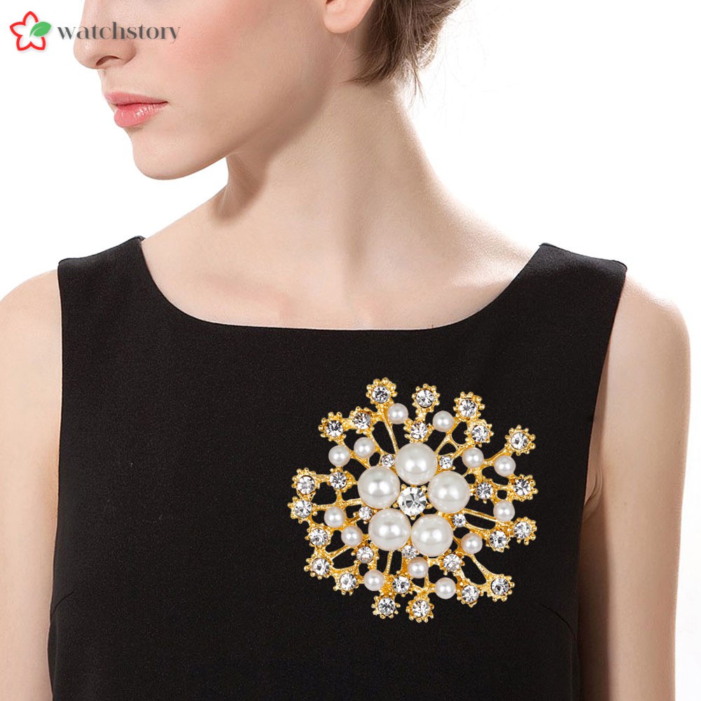 Ws Women Brooch Pin Crystal Snowflake Imitation Pearls Lady Dress Scarf