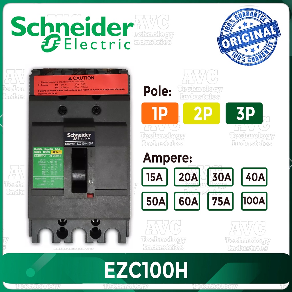 SCHNEIDER Easypact Circuit Breaker EZC100H 1P 2P 3P 15A 20A 30A 40A 50A