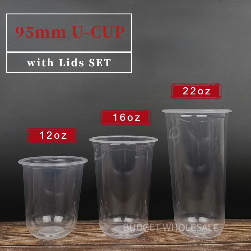 100pcs Plastic U CUP With Lids SET 8oz 12oz 16oz 22oz 95mm For