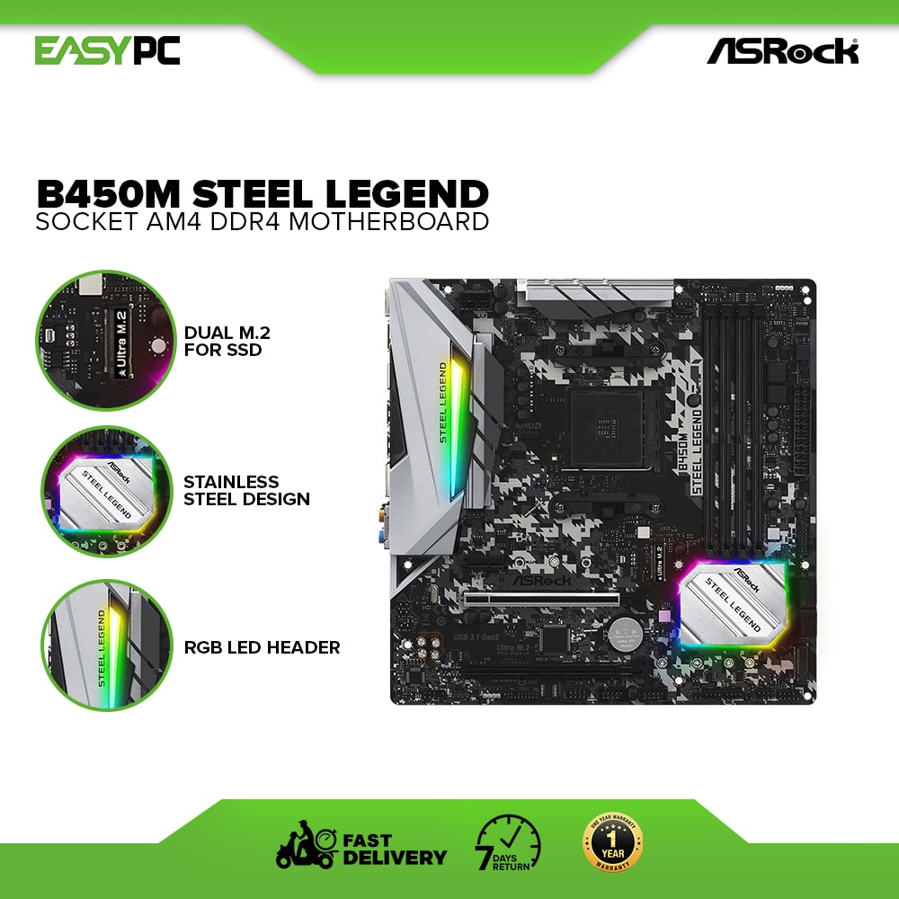 EasyPC ASRock B450M STEEL LEGEND Socket AM4 Motherboard DDR4 Micro