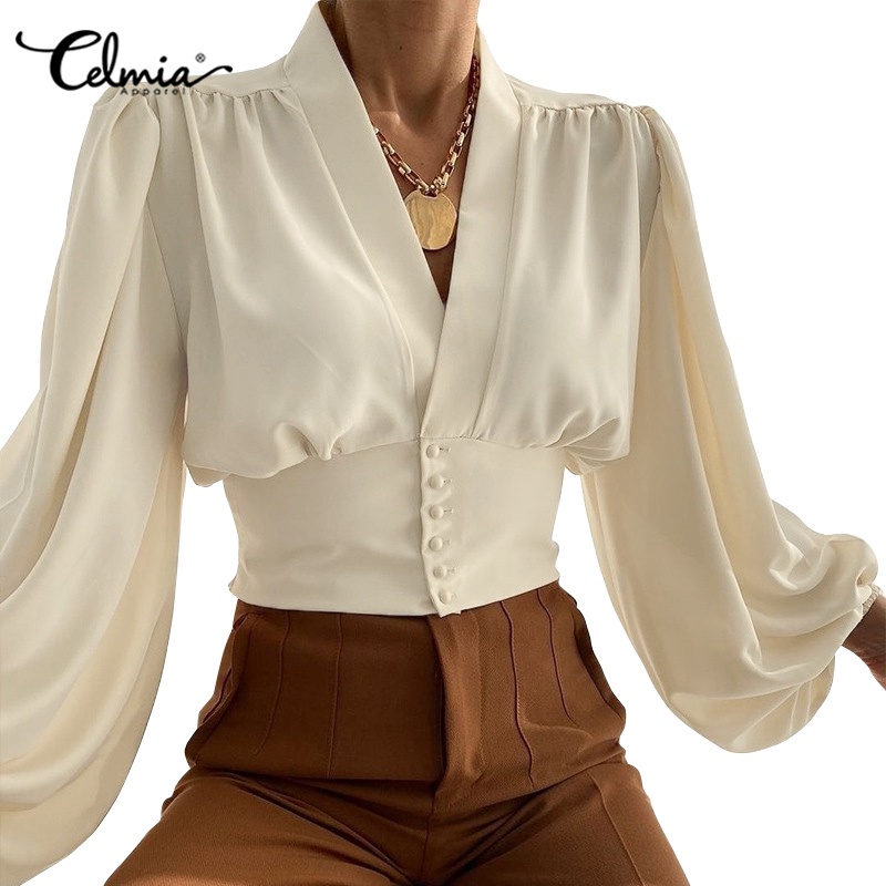 CELMIA Women Puff Long Sleeve V Neck Crop Party Elegant Blouses