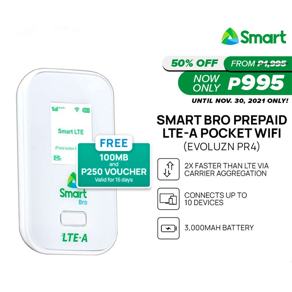 Smart Bro Prepaid LTE A Pocket WiFi CAT 6 EVOLUZN PR4 With FREE 100MB