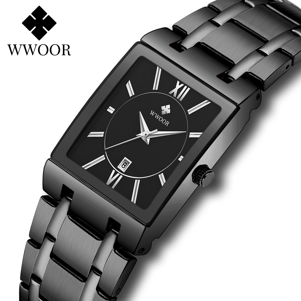 Wwoor Top Brand Luxury Stainless Steel Black Men Square Watches