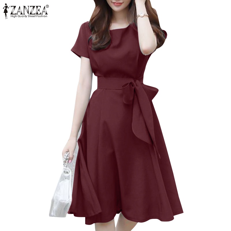 ZANZEA Women Korean Fashaion Short Sleeve O Neck Belted Flare Swing