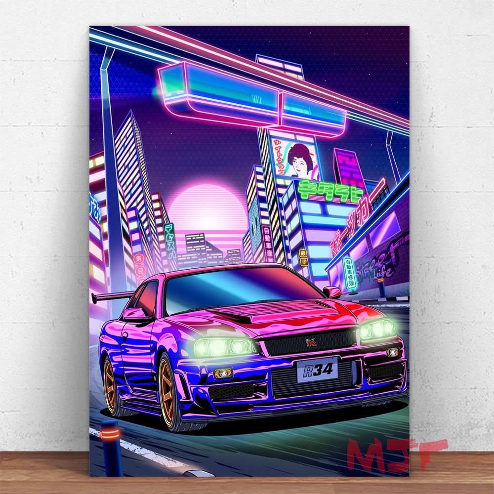 Nissan Gtr R Neon Night Metal Poster Synthwave Car Home Bedroom Wall