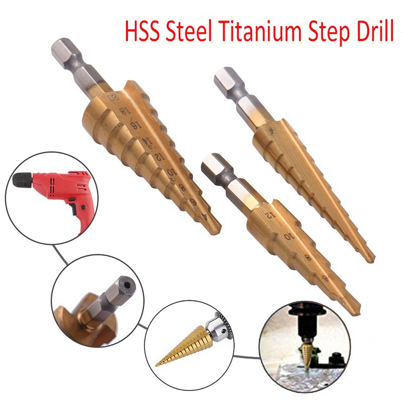 3Pcs Metric HSS Steel 4241 Cone Titanium Coated Drill Bits Tool Set