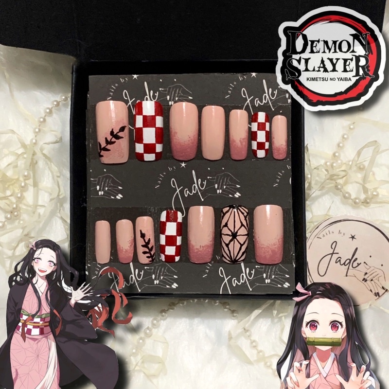 Demon Slayer Nezuko Inspired Fake Nails Press On Nails Checkered Anime