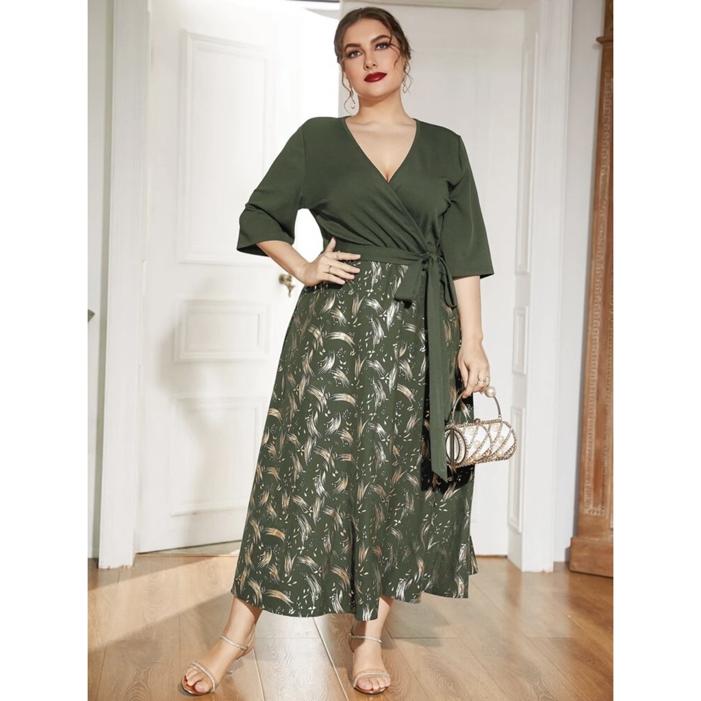 A Plus Chic Golden Print Mid Sleeve Self Belt Surplice Plus Size