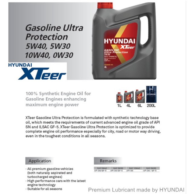 Hyundai Xteer G W Synthetic Gasoline Motor Oil Change Bundle For