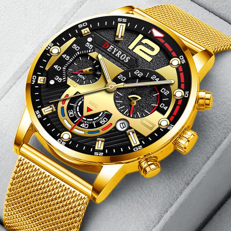 Deyros Luxury Gold Men Steel Mesh Belt Quartz Watch Waterproof Luminous