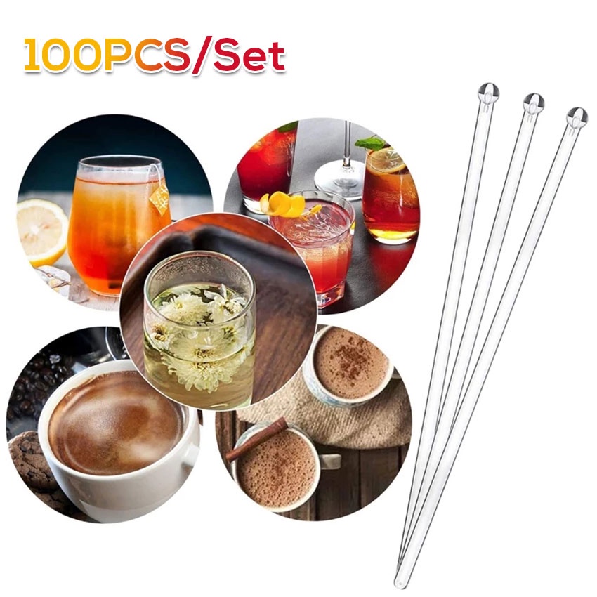 100Pcs Juice Coffee Stirrer Sticks Disposable Transparent Ball Head