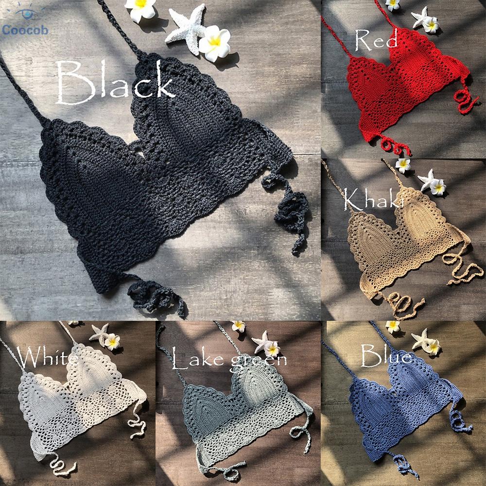 Women Sexy Beach Hollow Bikini Top Halterneck Bra Handmade Crochet