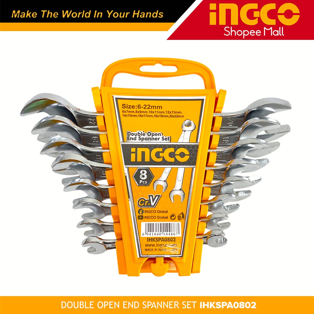 Ingco IHKSPA0802 8pcs Double Open End Spanner Set 6 22mm CSS Exc