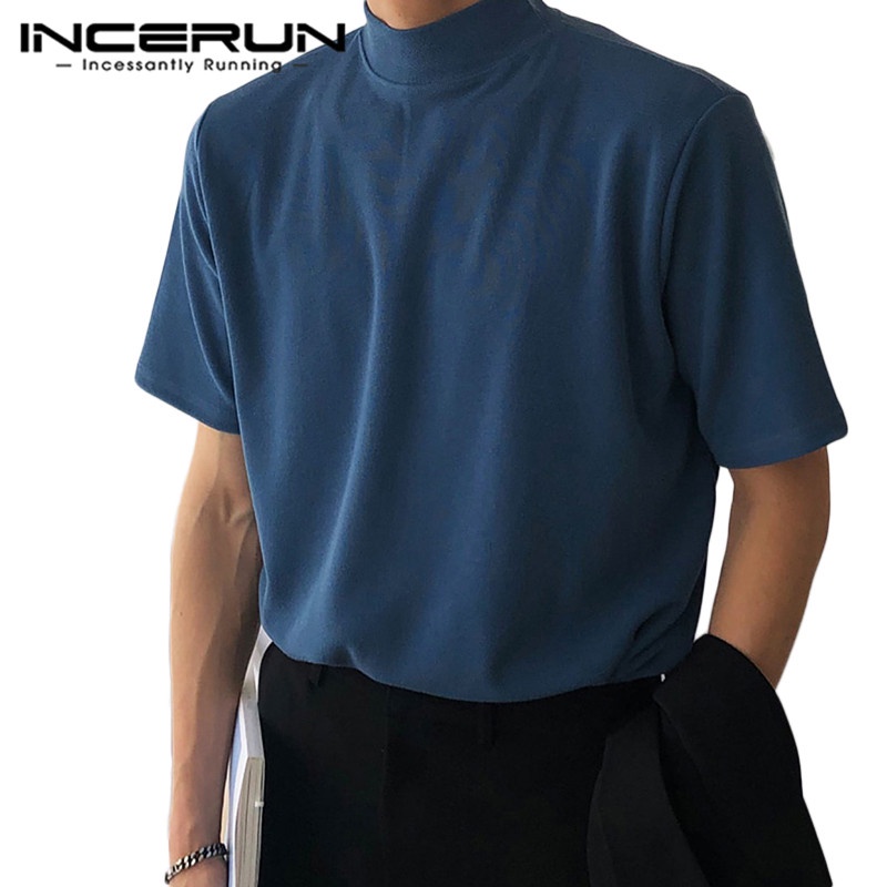 INCERUN Men Summer Basic Solid Color Turtle Neck Short Sleeve T Shirts