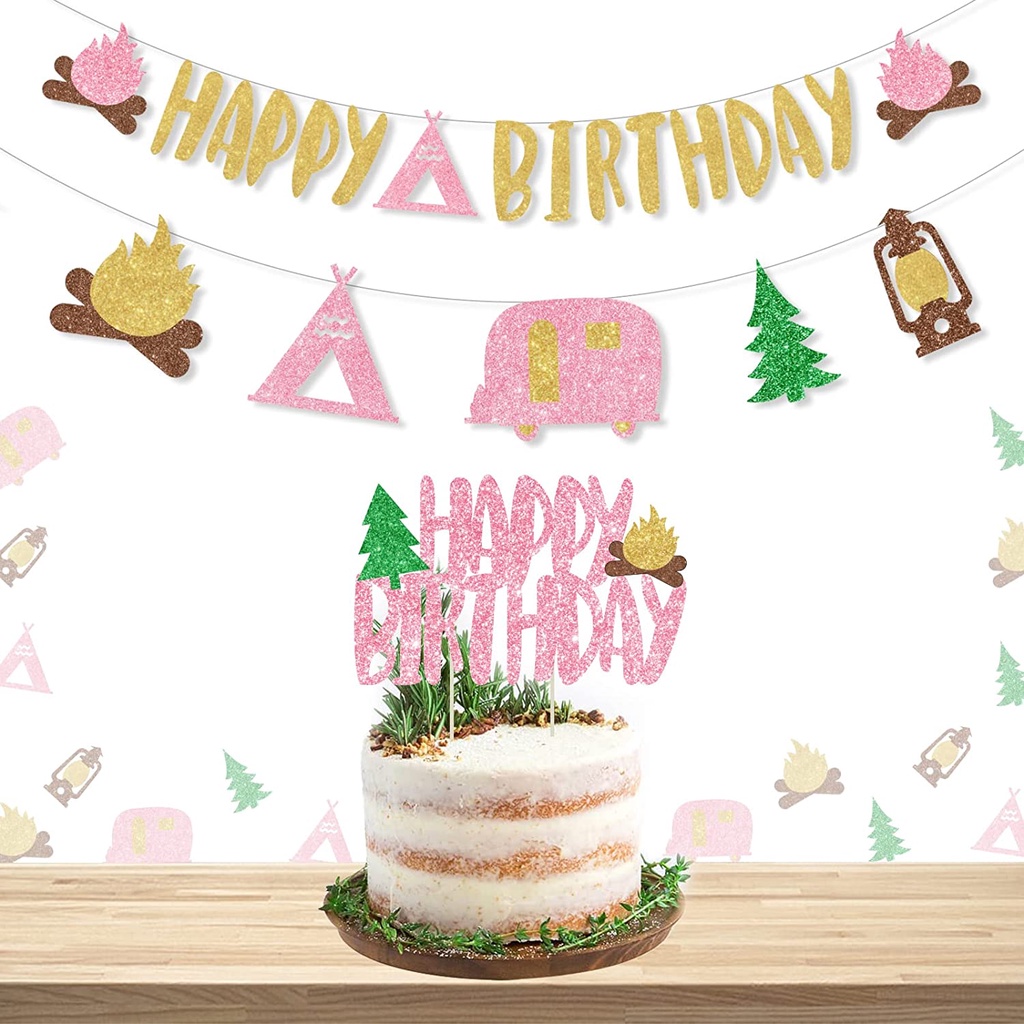 JOYMEMO Camping Birthday Party Decorations Girl Glitter Pink Happy