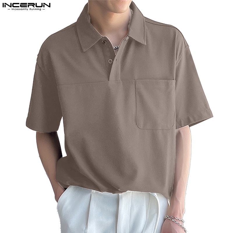 Incerun Men S Summer Fashion Short Sleeves Solid Color Collared Polo