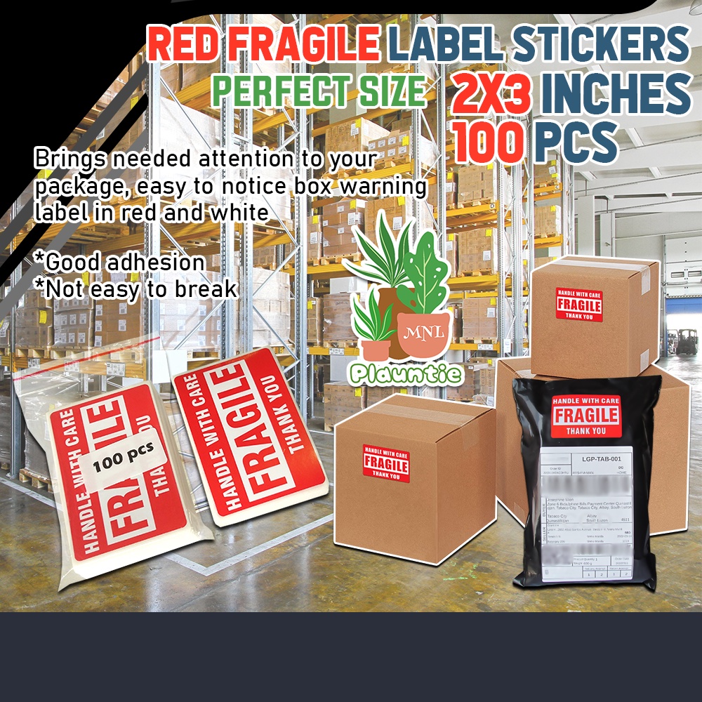 100 Pcs Red Fragile Stickers Handle With Care Warning Shipping Labels