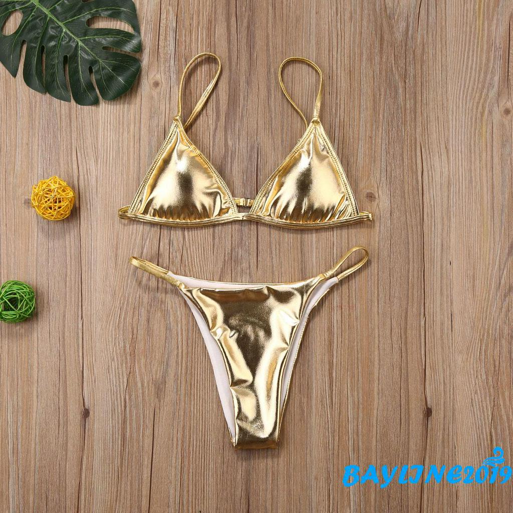 BAY Womens Solid Color Sexy Bikini Set Shine Gold Bra And Low Rise