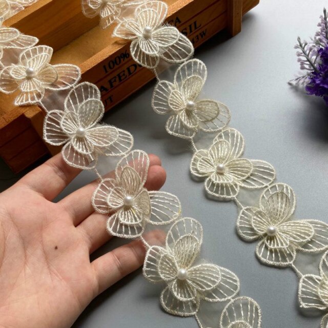 10x Butterfly Flowers Pearl Embroidered Lace Trim Ribbon Fabric