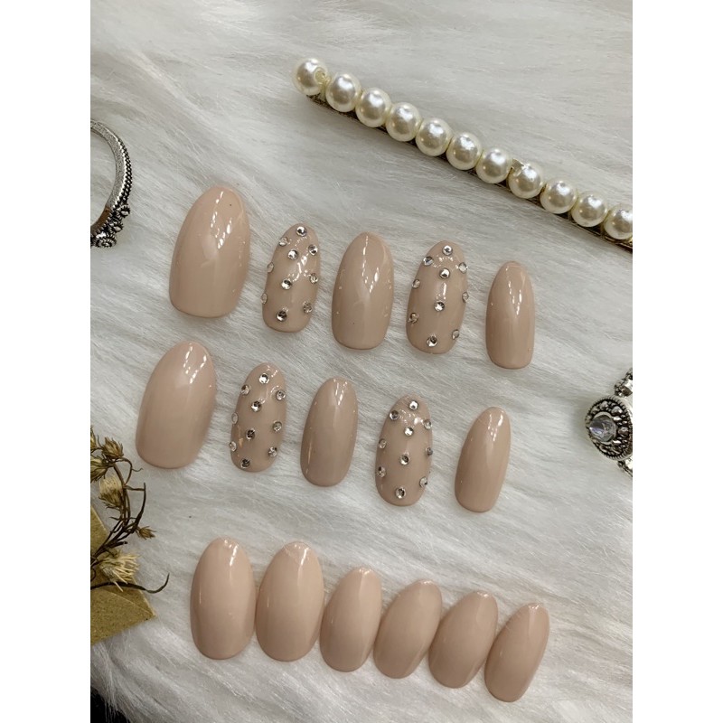 Nude With Rhinestones Handmade Press On Nails Handpainted With High Quality Gel Polish