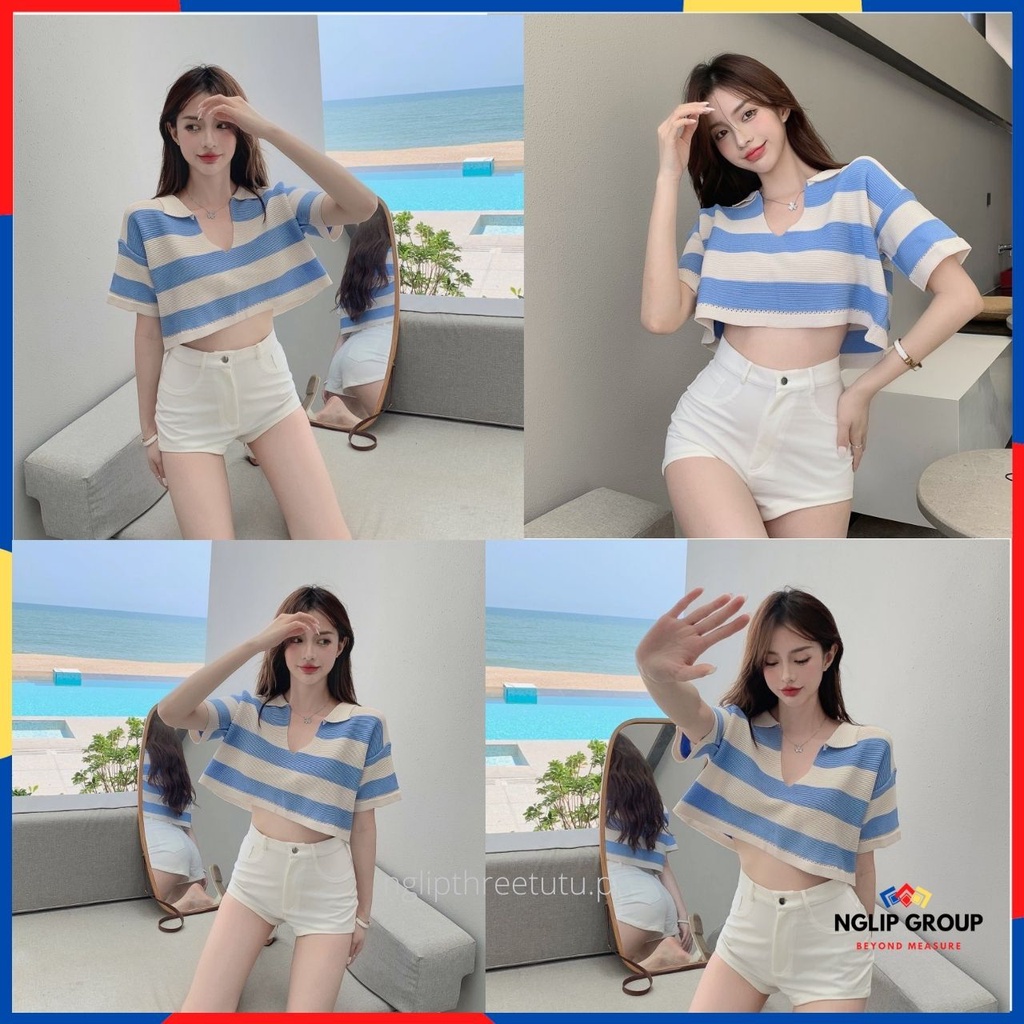 2022 Knitted Croptop For Women Stripe V Neck Short Sleeve Top Loose Top