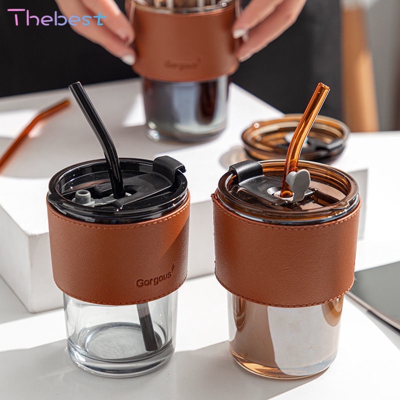 Glass Straw Cup Coffee Mug With Lid Tumbler Hot Cold Milk Tea Cup Water