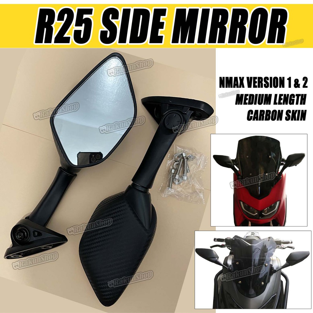 R25 Side Mirror Carbon Heavy Duty Black Yamaha NMAX V1 V2 Medium Length