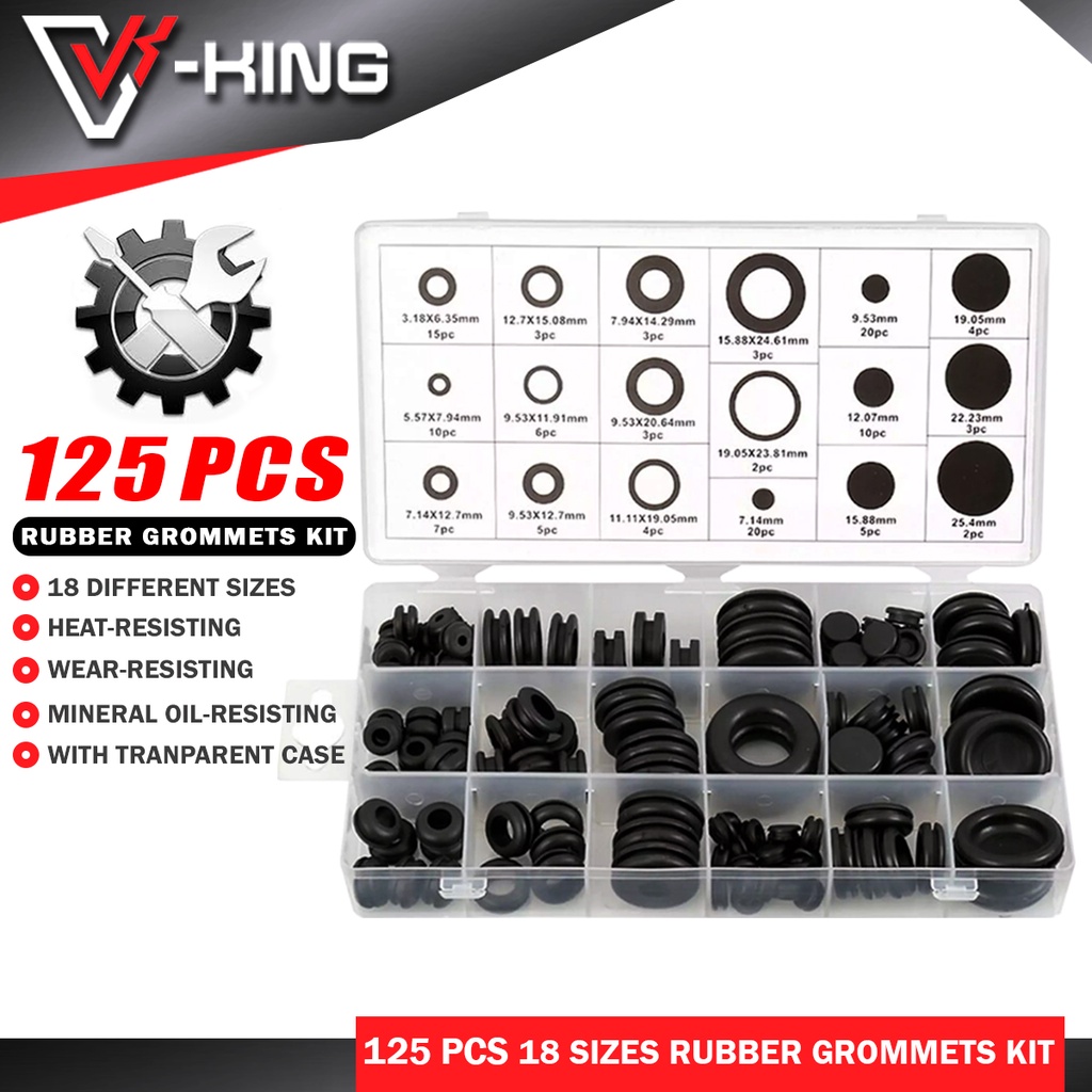 Vking 125pcs Rubber Grommet Eyelet Ring Gasket Assortment Set Of 18